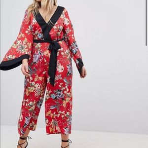 ASOS DESIGN Curve Kimono Jumpsuit With Tipping In Floral